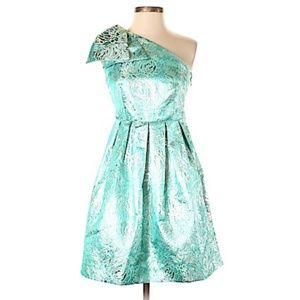 one shoulder green floral metallic dress
